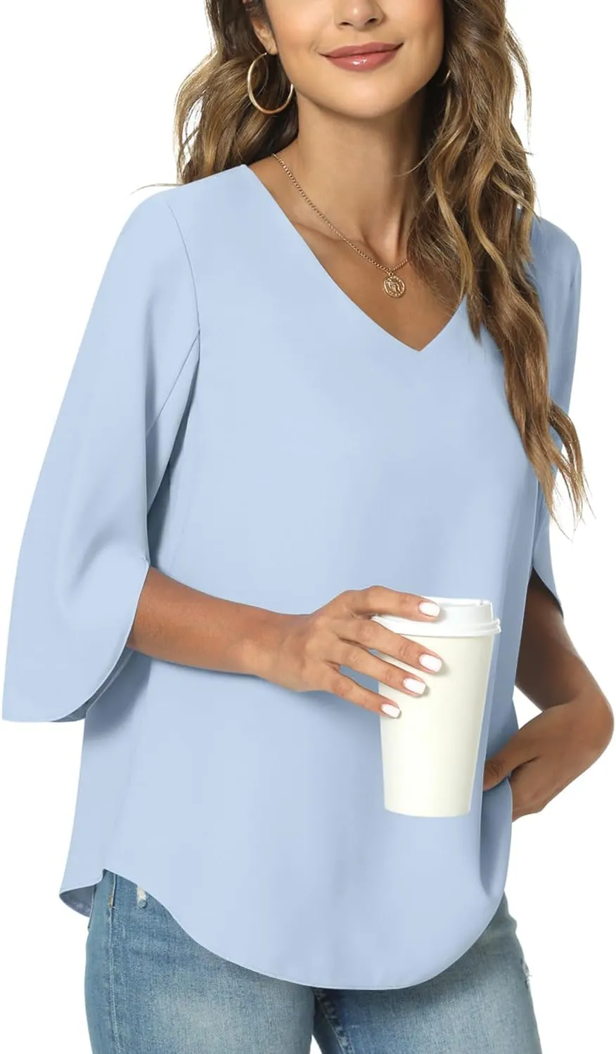 TAOHUADAO Womens 2025 Summer 3/4 Sleeve Tunic Tops Chiffon Work Blouse V-Neck Dressy Casual Shirt