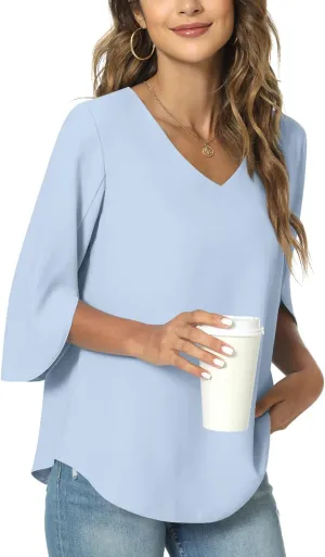 TAOHUADAO Womens 2025 Summer 3/4 Sleeve Tunic Tops Chiffon Work Blouse V-Neck Dressy Casual Shirt