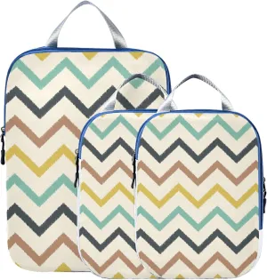 Teal, Aqua and Yellow Chevron Seamless Stripes 3 Set Packing Cubes, Travel Packing Organizers for Suitcases, Waterproof Check Oxford Toiletry Compression Luggage Storage Bag
