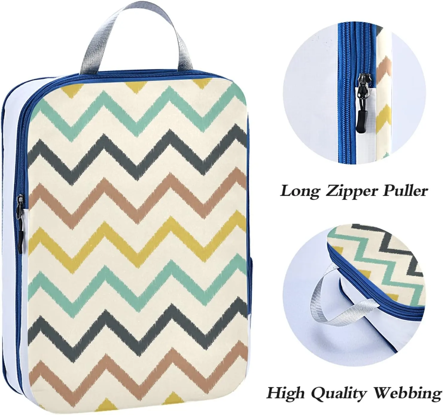 Teal, Aqua and Yellow Chevron Seamless Stripes 3 Set Packing Cubes, Travel Packing Organizers for Suitcases, Waterproof Check Oxford Toiletry Compression Luggage Storage Bag