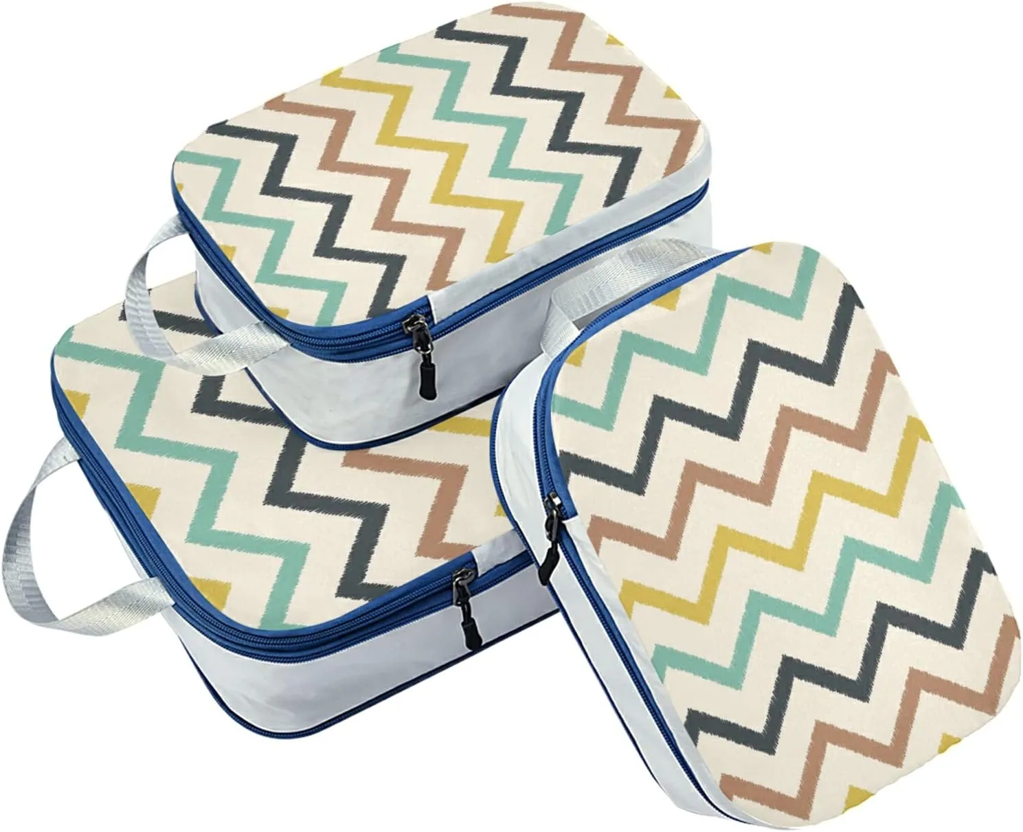 Teal, Aqua and Yellow Chevron Seamless Stripes 3 Set Packing Cubes, Travel Packing Organizers for Suitcases, Waterproof Check Oxford Toiletry Compression Luggage Storage Bag