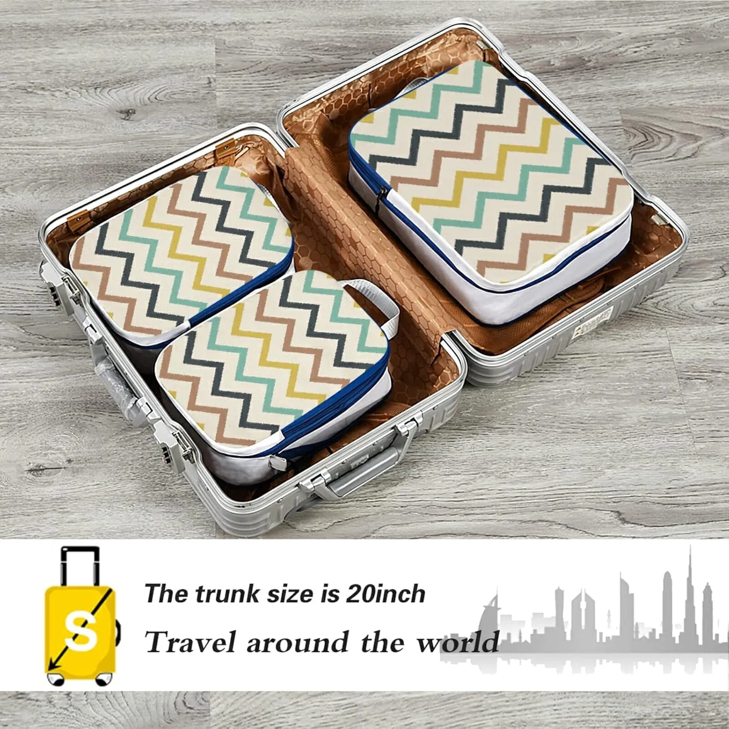 Teal, Aqua and Yellow Chevron Seamless Stripes 3 Set Packing Cubes, Travel Packing Organizers for Suitcases, Waterproof Check Oxford Toiletry Compression Luggage Storage Bag