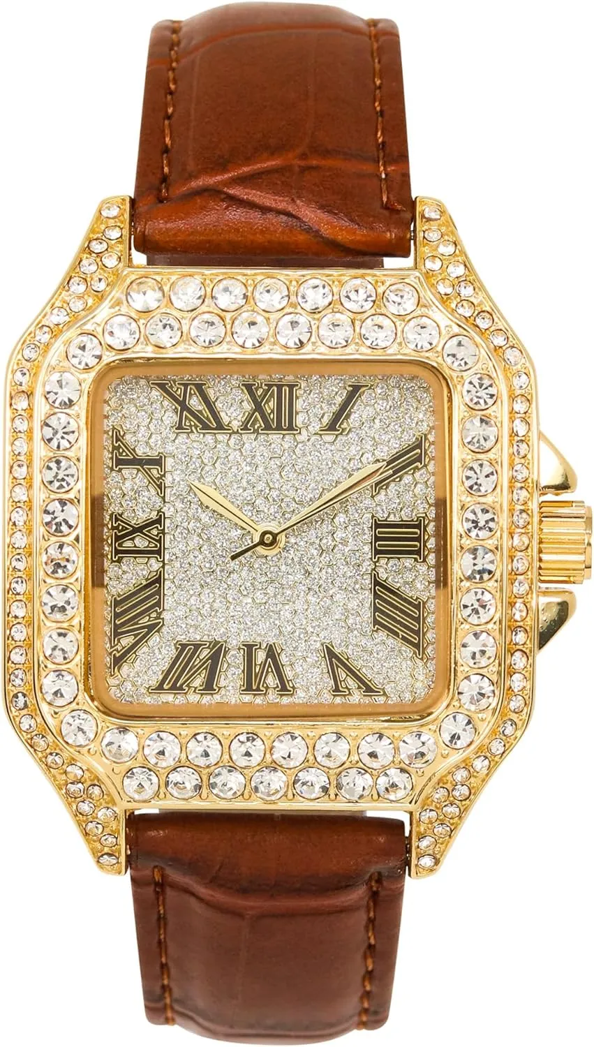 Techno Pave Men's 32mm Iced Out Leather Band Watch – Square Shape, Roman Dial, Luxury Hip-Hop Style