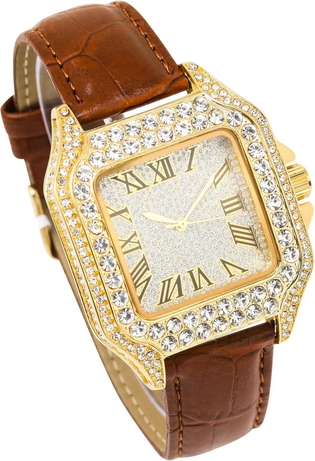 Techno Pave Men's 32mm Iced Out Leather Band Watch – Square Shape, Roman Dial, Luxury Hip-Hop Style