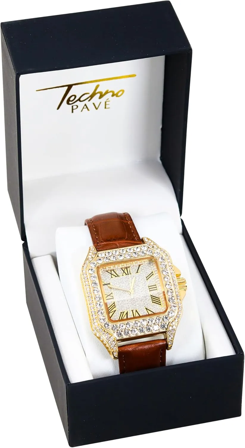 Techno Pave Men's 32mm Iced Out Leather Band Watch – Square Shape, Roman Dial, Luxury Hip-Hop Style