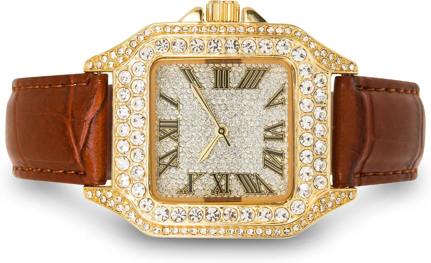 Techno Pave Men's 32mm Iced Out Leather Band Watch – Square Shape, Roman Dial, Luxury Hip-Hop Style