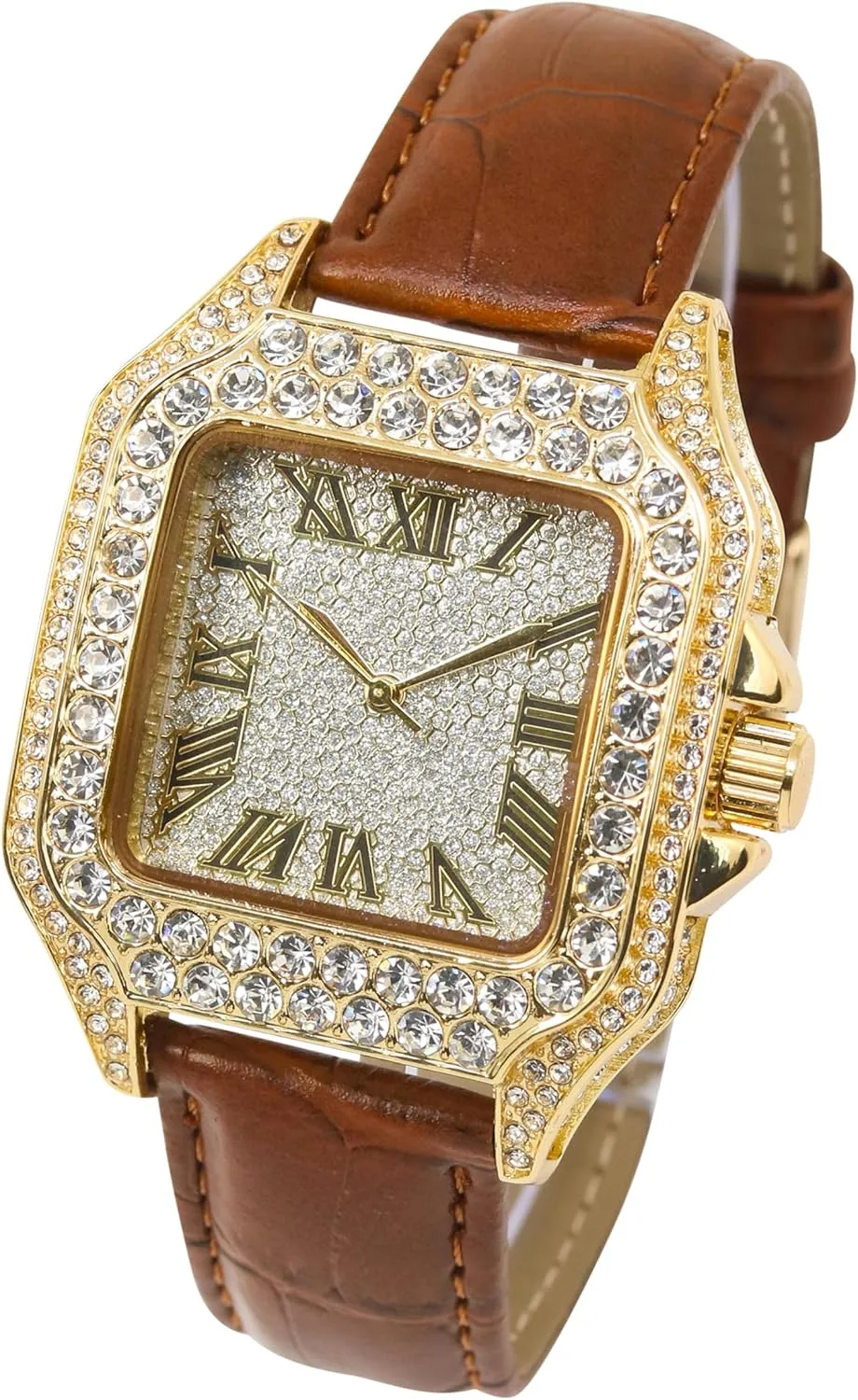 Techno Pave Men's 32mm Iced Out Leather Band Watch – Square Shape, Roman Dial, Luxury Hip-Hop Style