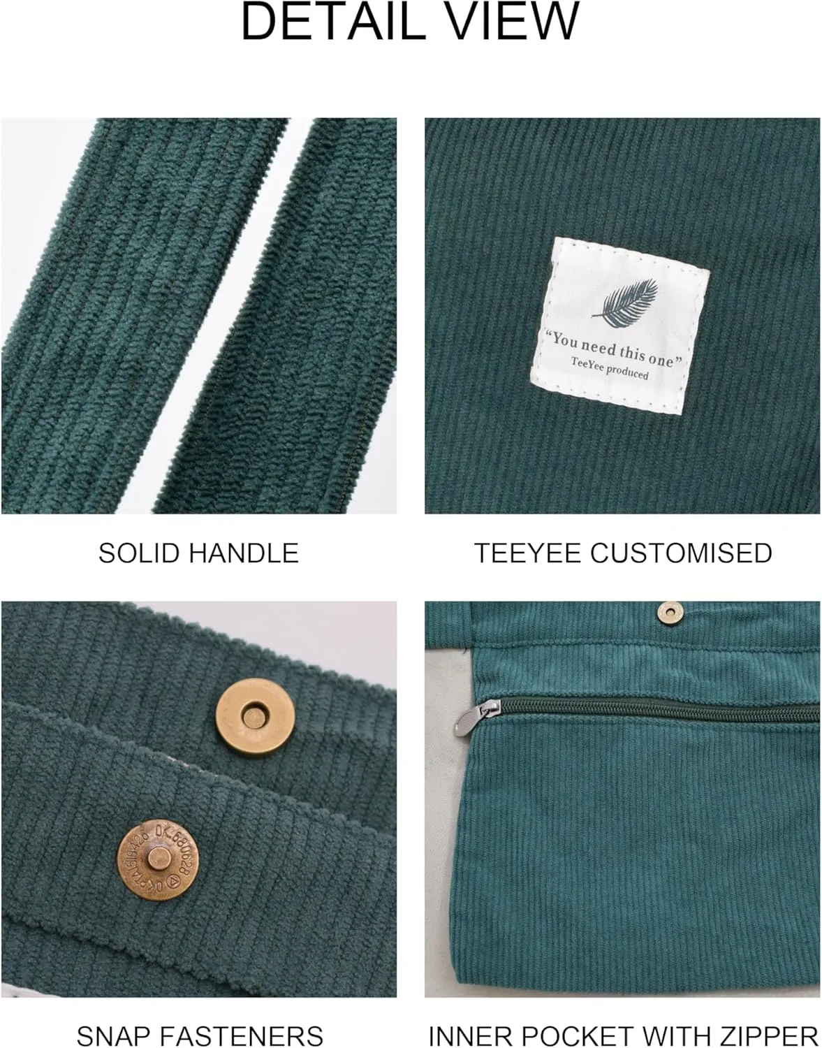 TeeYee Women's Corduroy Tote Bag Large Capacity Shoulder Bag Handbag Leisure Shopping Bag with 3 Snaps