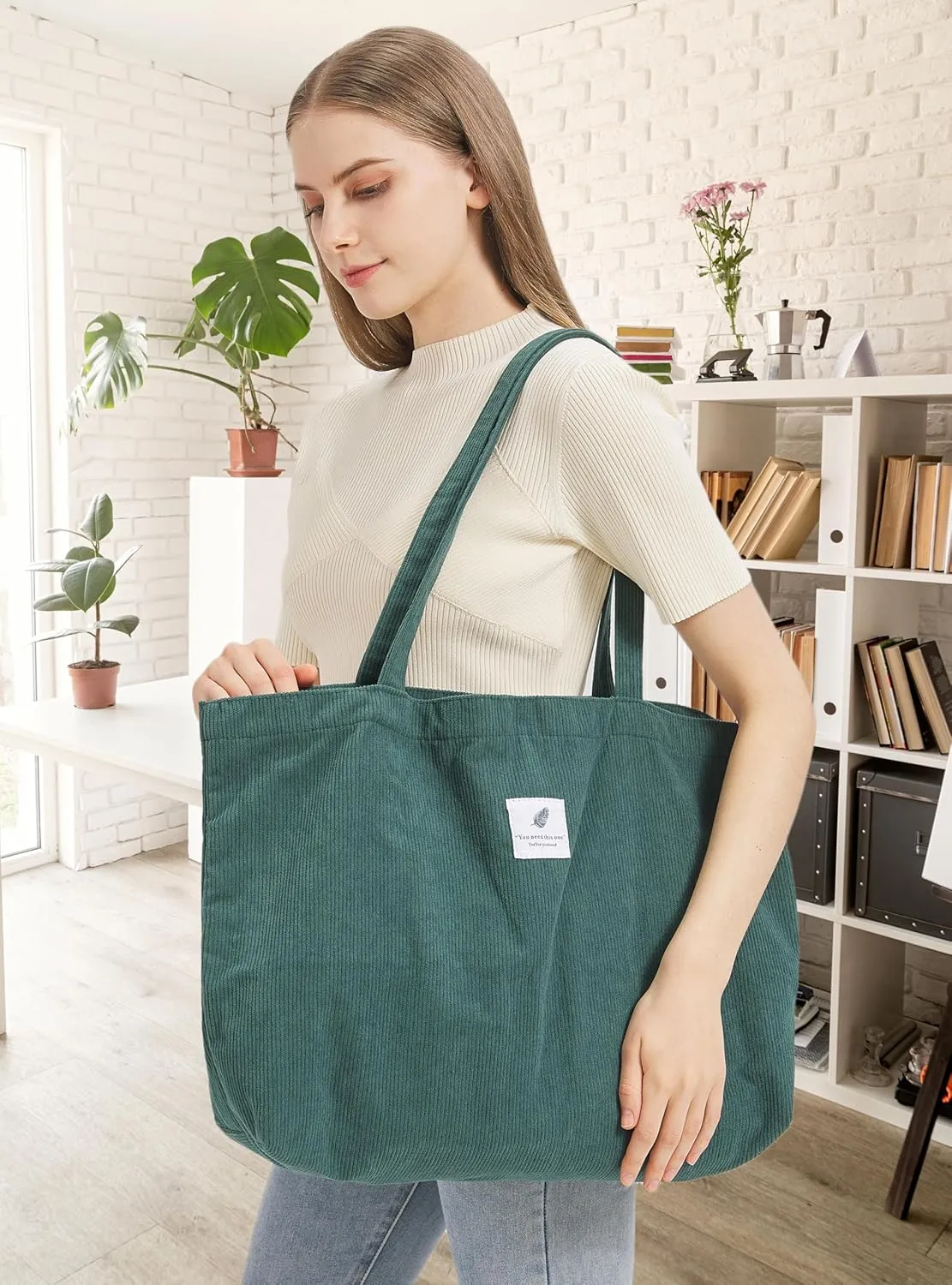 TeeYee Women's Corduroy Tote Bag Large Capacity Shoulder Bag Handbag Leisure Shopping Bag with 3 Snaps