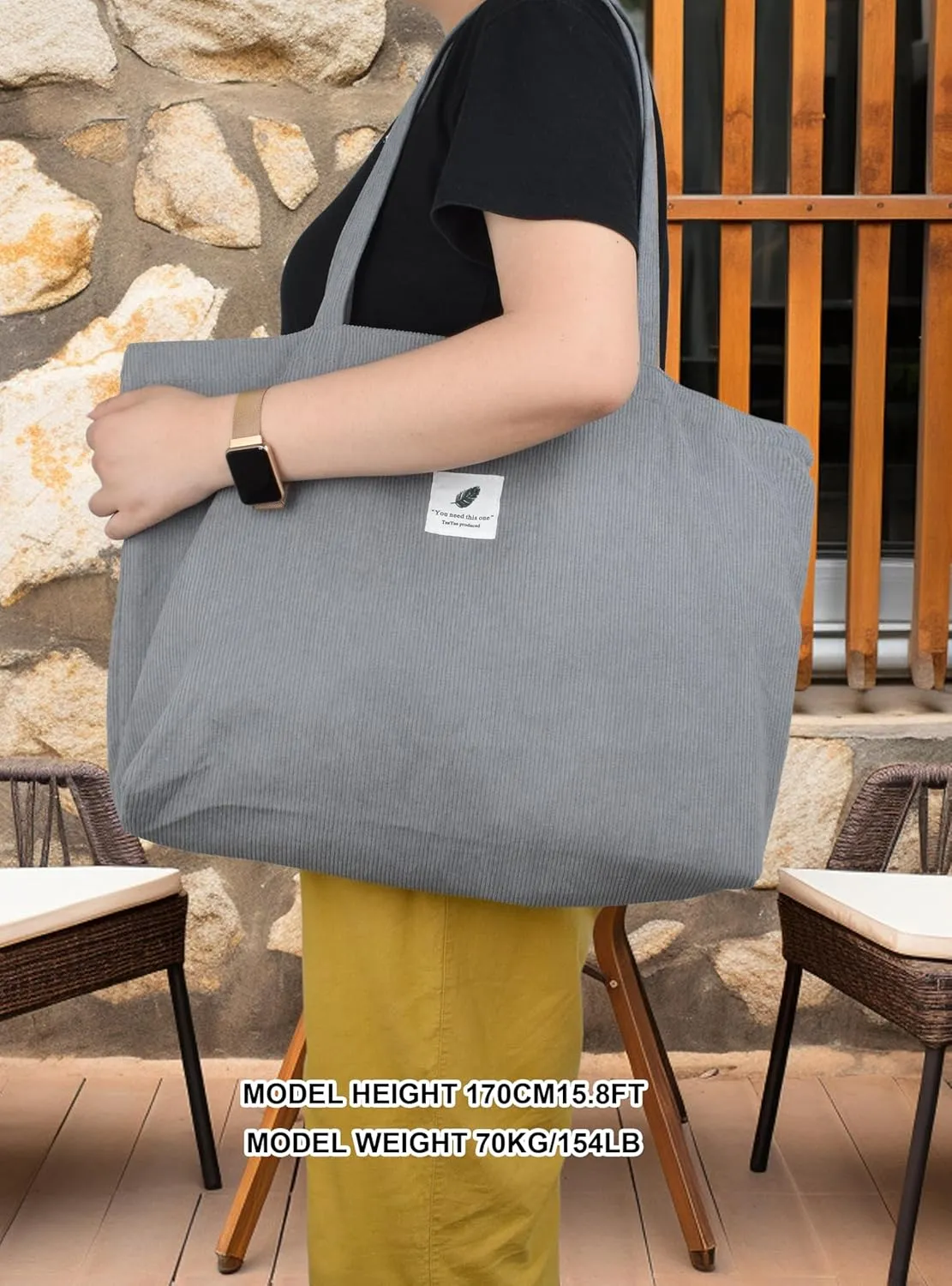 TeeYee Women's Corduroy Tote Bag Large Capacity Shoulder Bag Handbag Leisure Shopping Bag with 3 Snaps