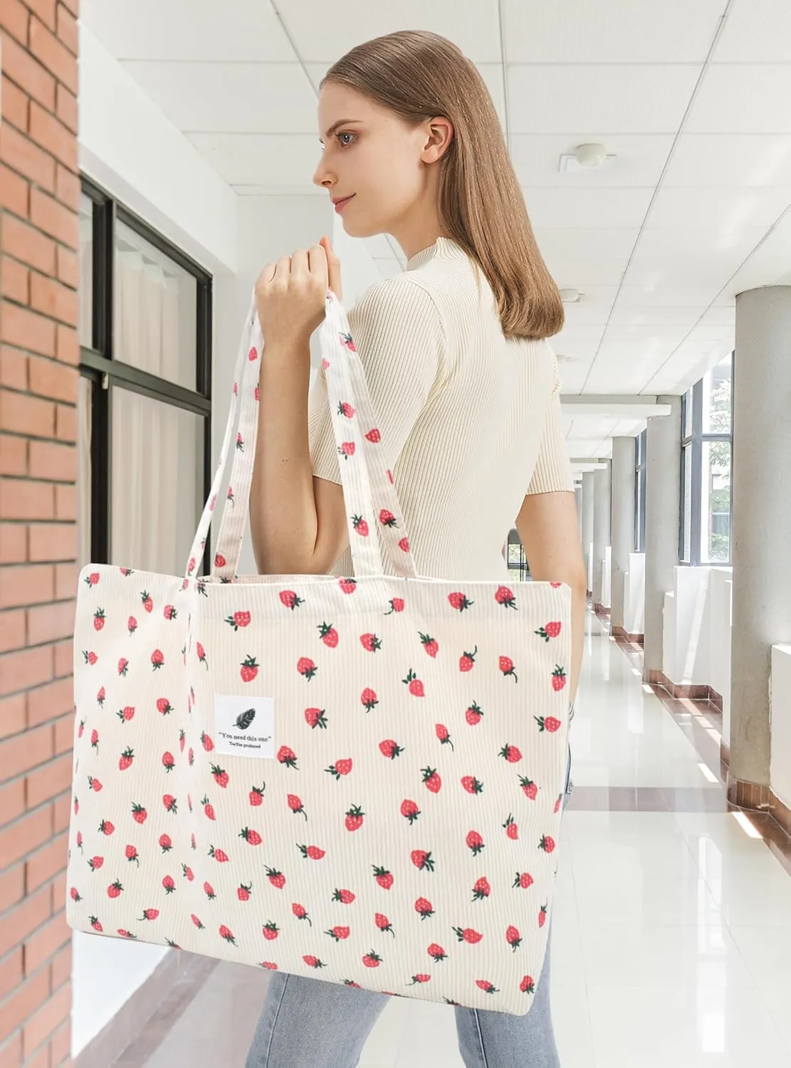 TeeYee Women's Corduroy Tote Bag Large Capacity Shoulder Bag Handbag Leisure Shopping Bag with 3 Snaps