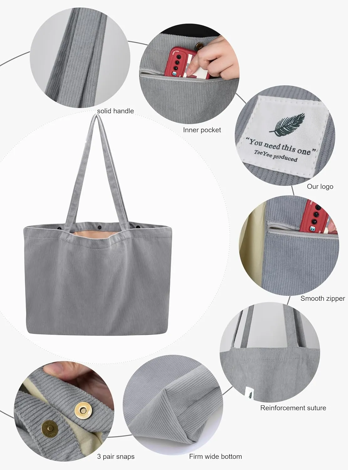 TeeYee Women's Corduroy Tote Bag Large Capacity Shoulder Bag Handbag Leisure Shopping Bag with 3 Snaps
