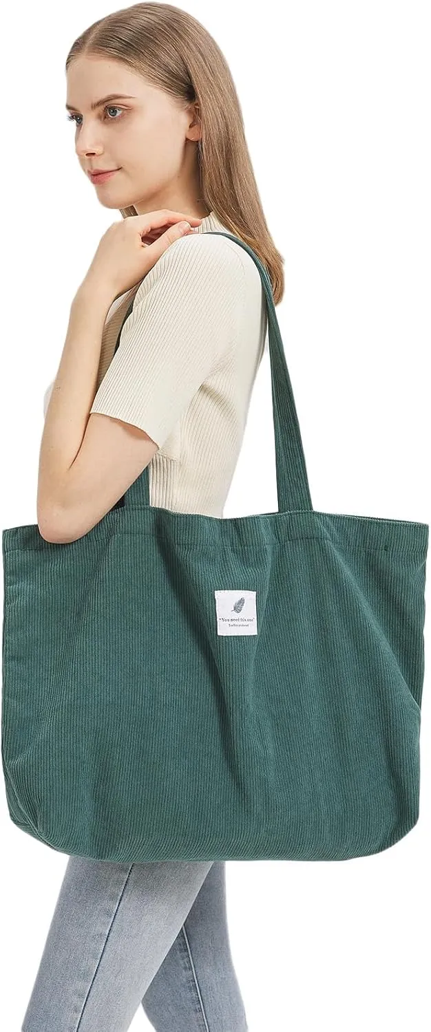 TeeYee Women's Corduroy Tote Bag Large Capacity Shoulder Bag Handbag Leisure Shopping Bag with 3 Snaps