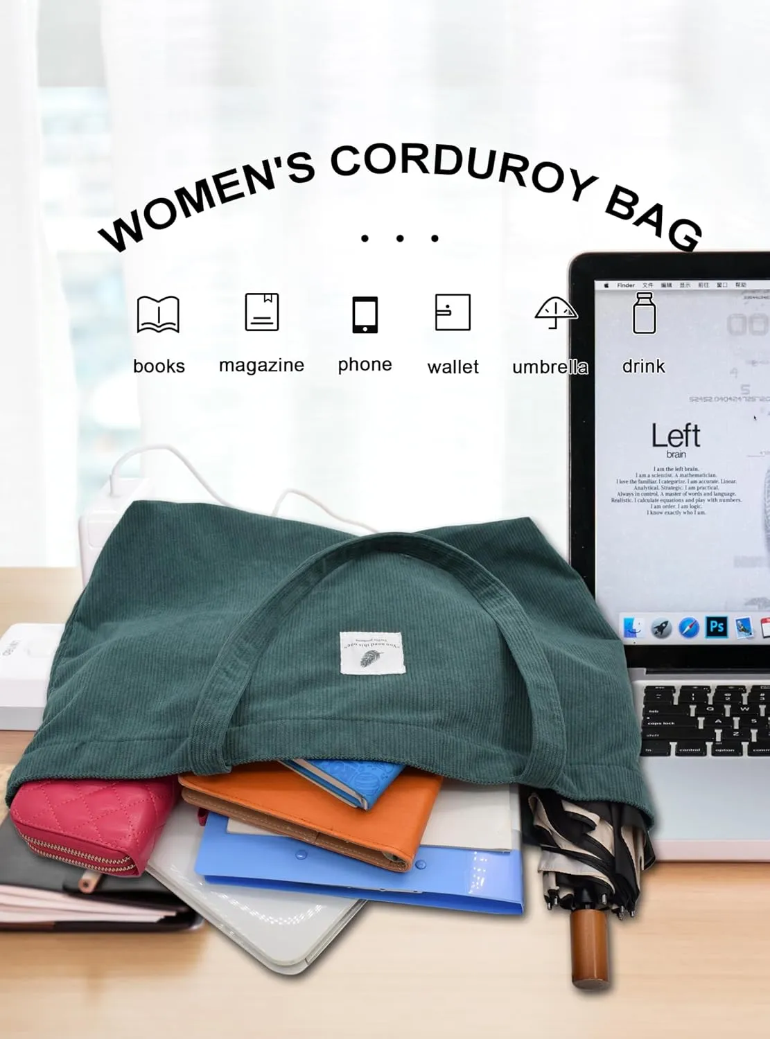 TeeYee Women's Corduroy Tote Bag Large Capacity Shoulder Bag Handbag Leisure Shopping Bag with 3 Snaps