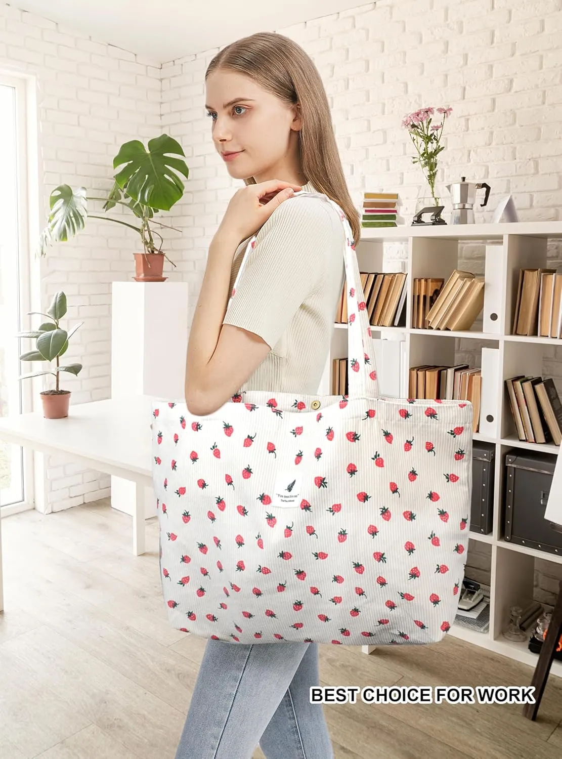 TeeYee Women's Corduroy Tote Bag Large Capacity Shoulder Bag Handbag Leisure Shopping Bag with 3 Snaps