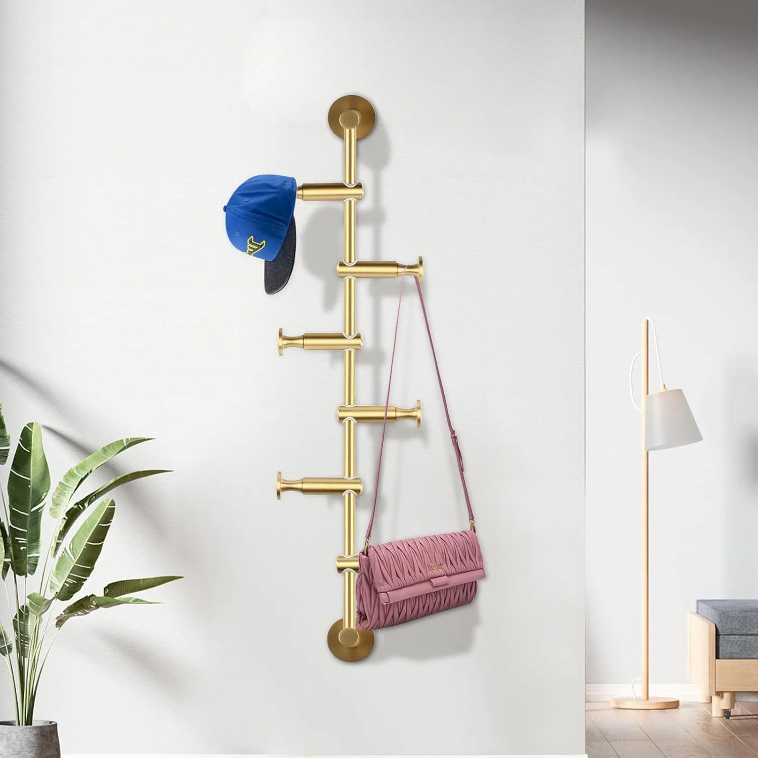 TFCFL Vertical Coat Rack Wall Mounted 24 Inch, 6 Hooks Wall Mount Coat Hooks, Space Saving Hanger for Scarves Clothes Handbags Purses Hat Umbrella (Gold)