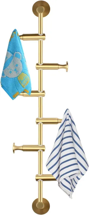 TFCFL Vertical Coat Rack Wall Mounted 24 Inch, 6 Hooks Wall Mount Coat Hooks, Space Saving Hanger for Scarves Clothes Handbags Purses Hat Umbrella (Gold)