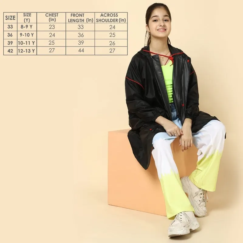 THE CLOWNFISH Archie Series Kids Waterproof PVC Longcoat with Adjustable Hood & Extra Space for Backpack/Schoolbag Holding. Plastic Pouch. Kid Age-12-13 years (Size-42-Peach)