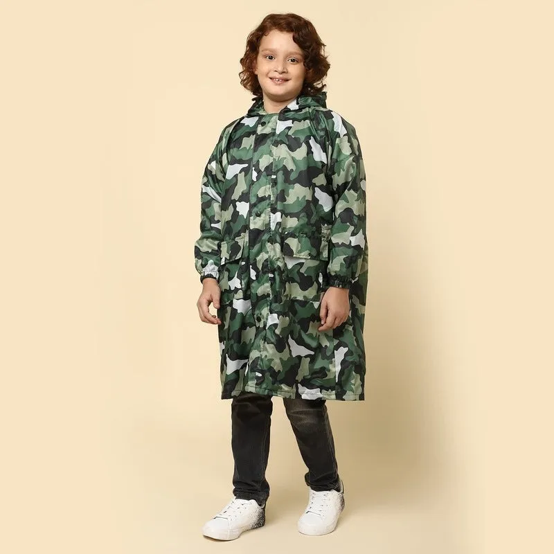 THE CLOWNFISH Archie Series Kids Waterproof PVC Longcoat with Adjustable Hood & Extra Space for Backpack/Schoolbag Holding. Plastic Pouch. Kid Age-6-7 years (Size-30-Green)