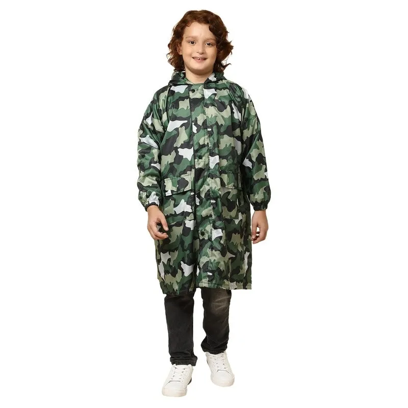 THE CLOWNFISH Archie Series Kids Waterproof PVC Longcoat with Adjustable Hood & Extra Space for Backpack/Schoolbag Holding. Plastic Pouch. Kid Age-6-7 years (Size-30-Green)