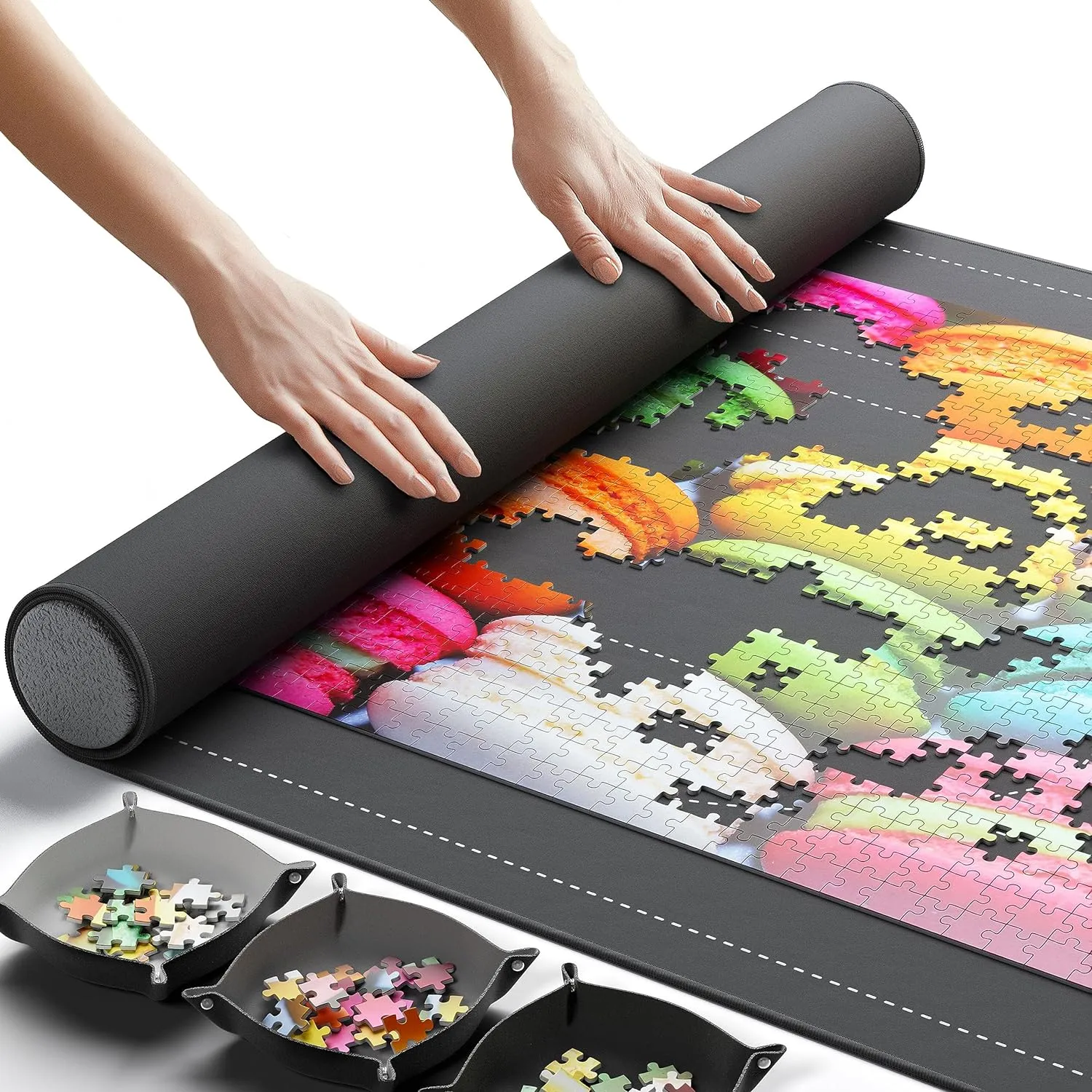 The Original Newverest Jigsaw Puzzle Mat Roll Up, Saver Pad 46” x 26” Portable Keeper Up to 1500 Pieces with Non-Slip Rubber Bottom & Smooth Top   3 Puzzle Sorting Trays & Travel-Friendly Storage Bag