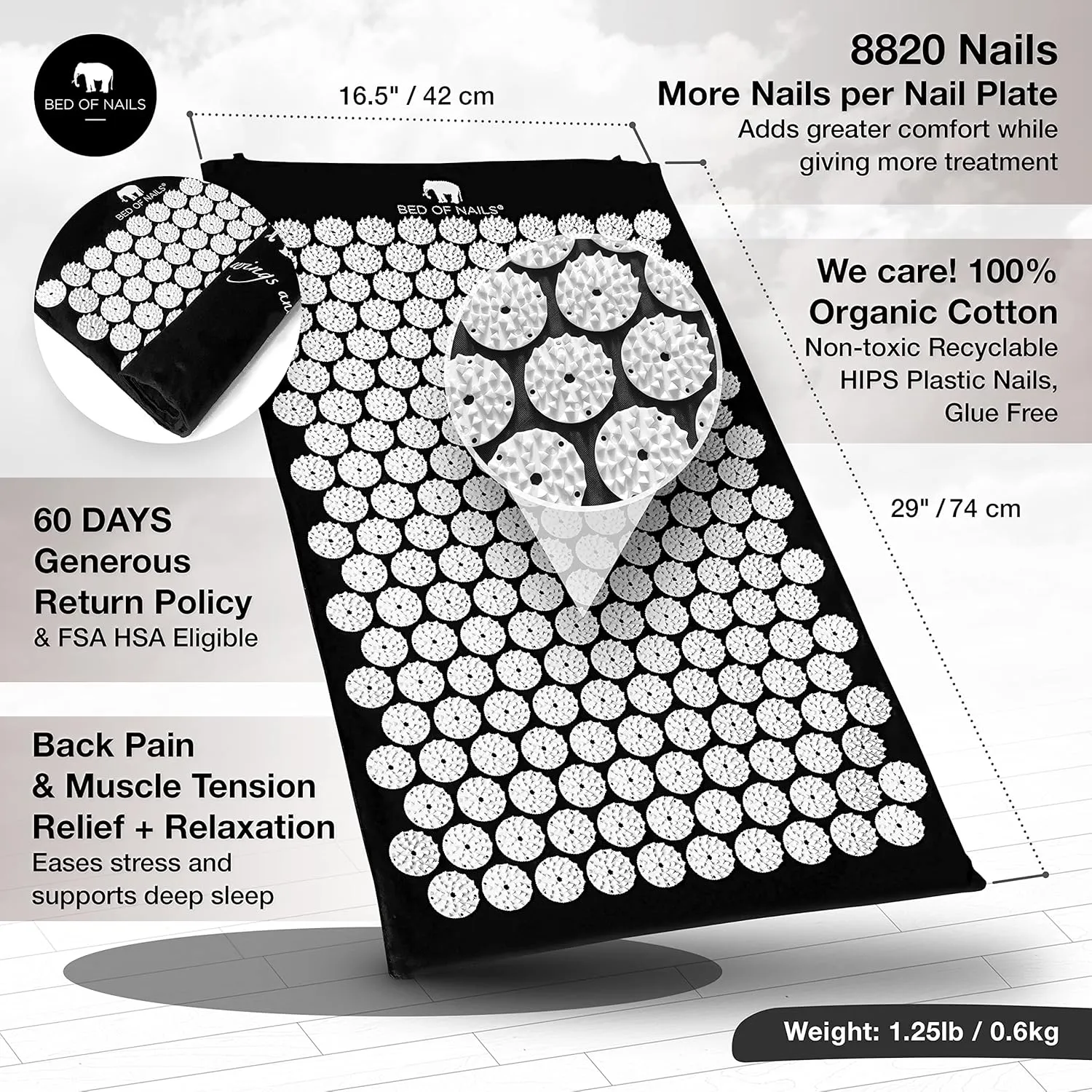 The Original Premium Acupressure Mat, 8,820 Acupuncture Pressure Points for Back Pain Relief, Increased Energy, Relaxation, FSA/HSA Eligible, Drawstring Bag, 28.5 x 16.5 x 1, Black Travel