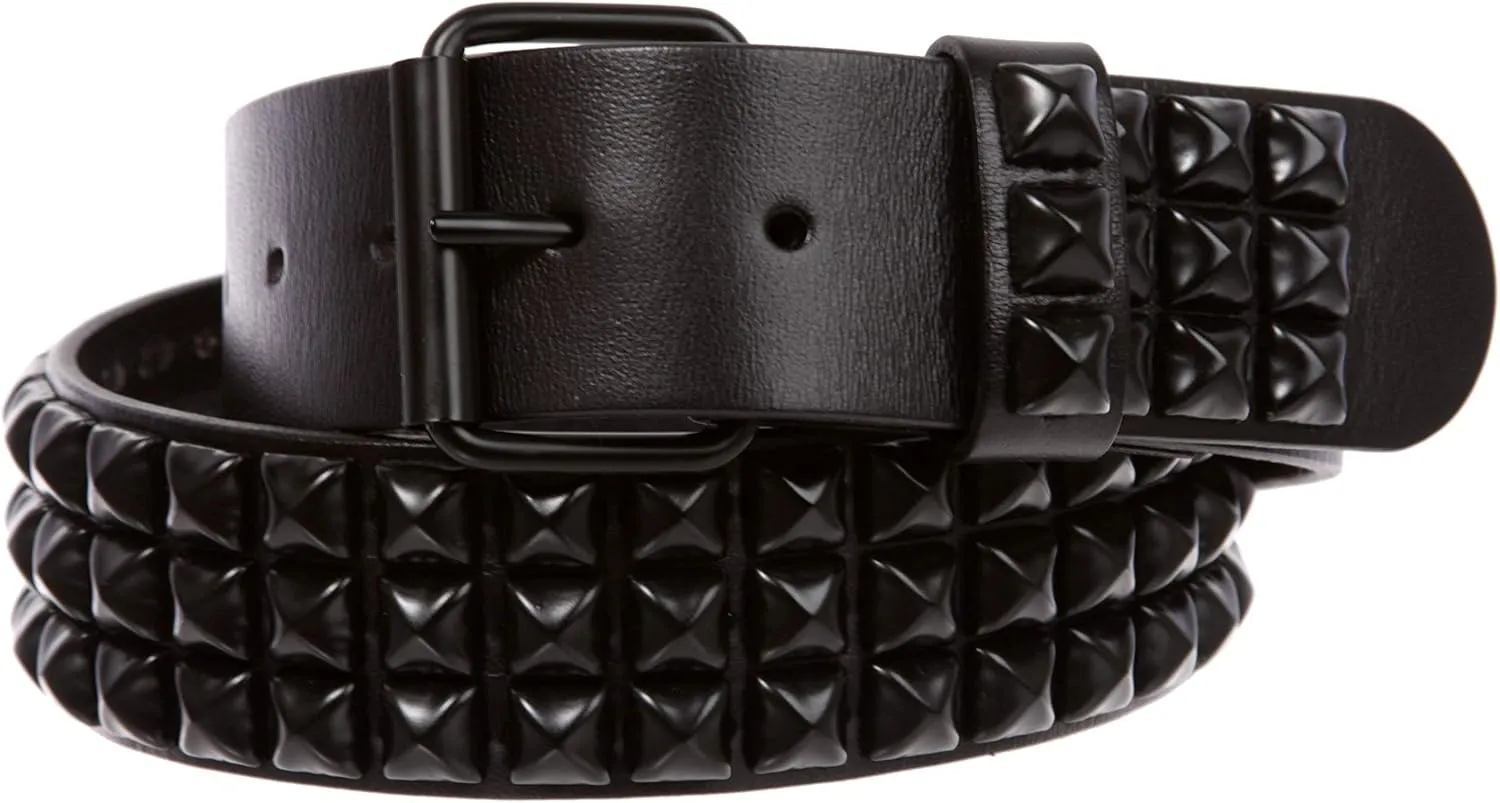 Three Row of Punk Rock Star Metal Black Studded Leather Belt