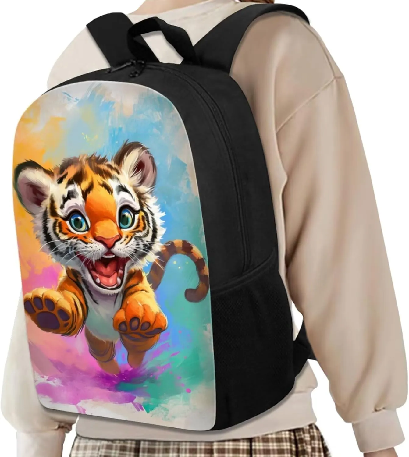 Tiger Backpack for Kids Girls Backpack with Lunch Box Water Bottle Carrier and Pencil Cup 4 in 1 Cute Bookbag Set for School 17 inch Sturdy School Bag with Side Pocket for Elementary Boys
