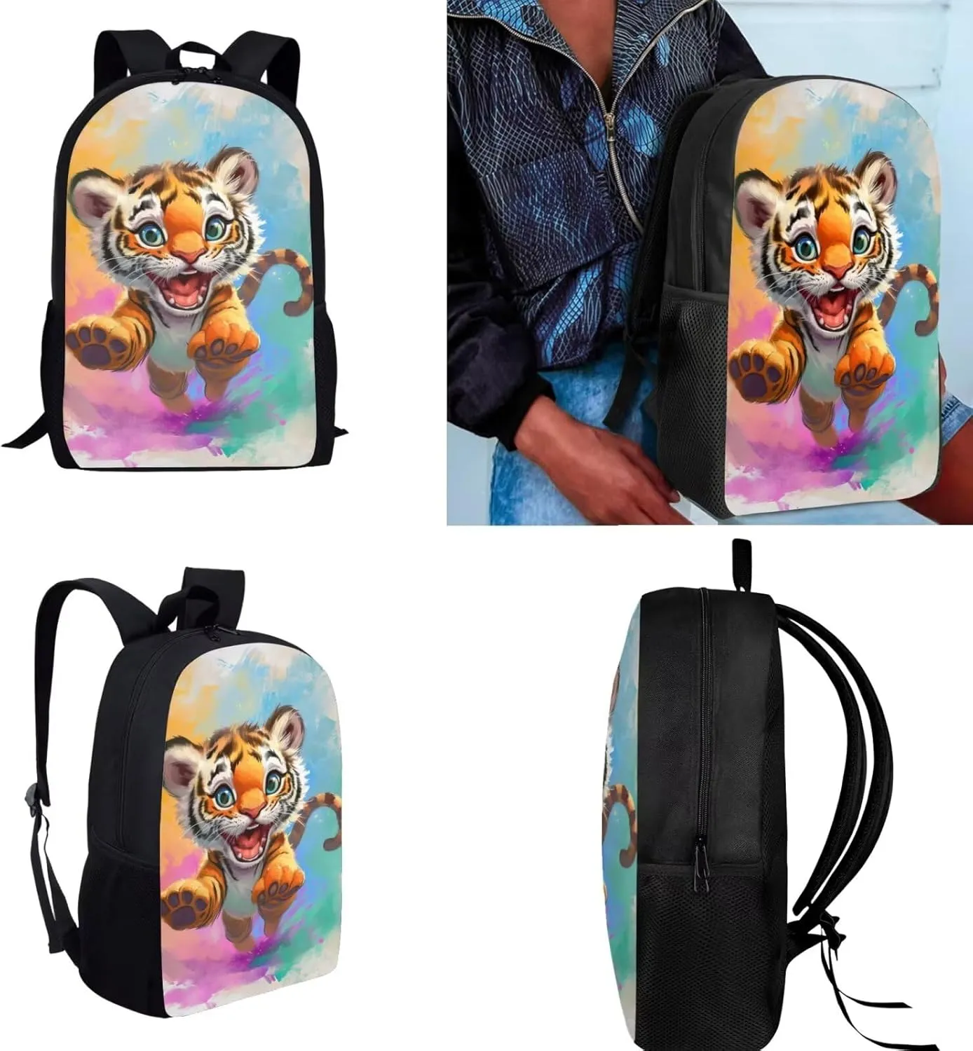 Tiger Backpack for Kids Girls Backpack with Lunch Box Water Bottle Carrier and Pencil Cup 4 in 1 Cute Bookbag Set for School 17 inch Sturdy School Bag with Side Pocket for Elementary Boys