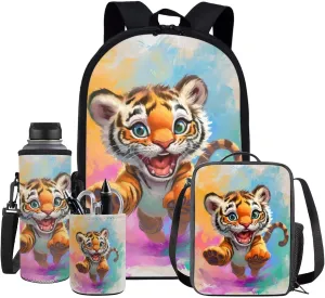 Tiger Backpack for Kids Girls Backpack with Lunch Box Water Bottle Carrier and Pencil Cup 4 in 1 Cute Bookbag Set for School 17 inch Sturdy School Bag with Side Pocket for Elementary Boys