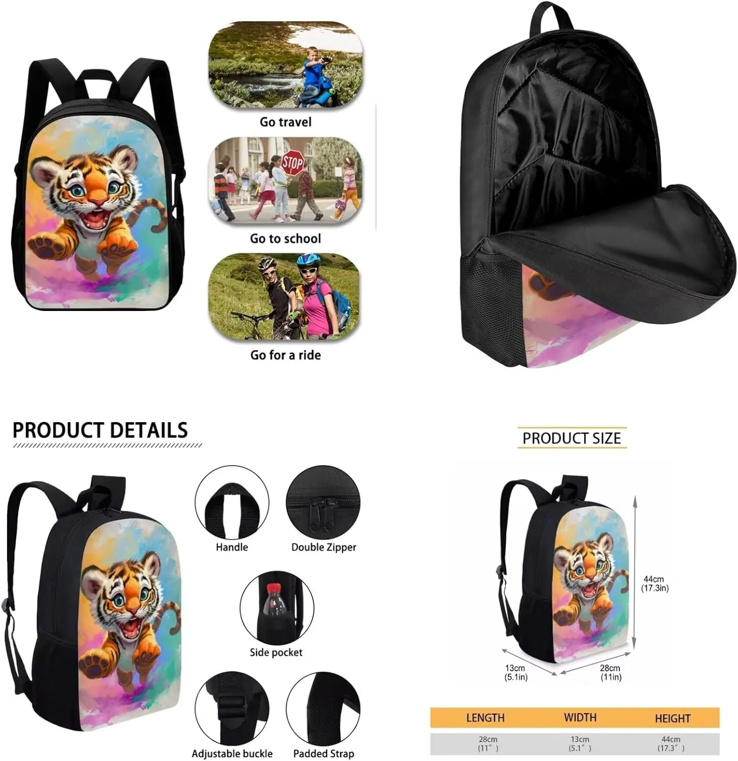 Tiger Backpack for Kids Girls Backpack with Lunch Box Water Bottle Carrier and Pencil Cup 4 in 1 Cute Bookbag Set for School 17 inch Sturdy School Bag with Side Pocket for Elementary Boys
