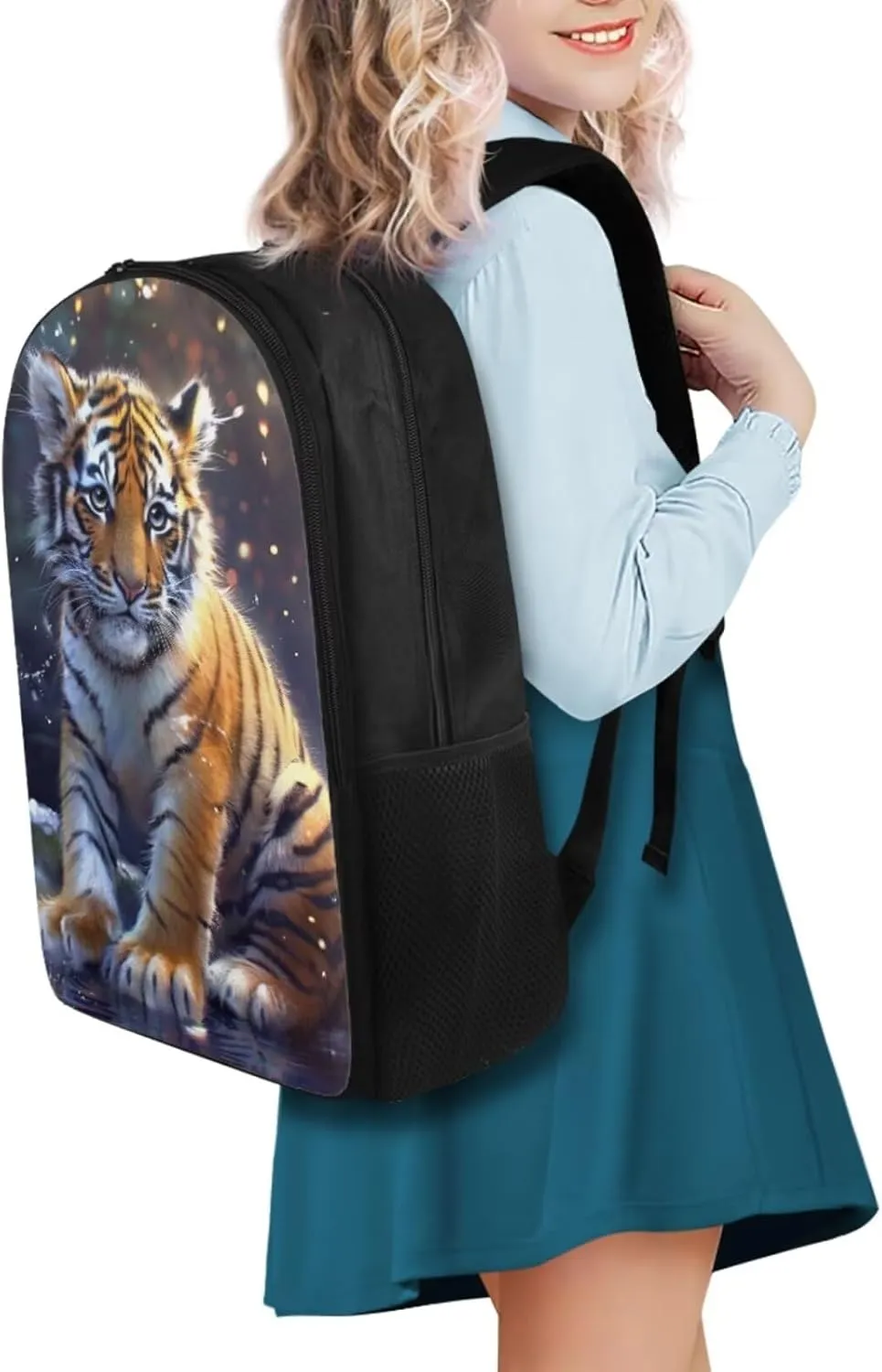 Tiger Backpack for Kids Girls Backpack with Lunch Box Water Bottle Holder and Soft Pencil Pouch 4PCS Set Sturdy Bookbag with Compartments 17" Large School Bag for Boys Back to School Supplies