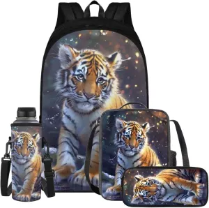 Tiger Backpack for Kids Girls Backpack with Lunch Box Water Bottle Holder and Soft Pencil Pouch 4PCS Set Sturdy Bookbag with Compartments 17" Large School Bag for Boys Back to School Supplies