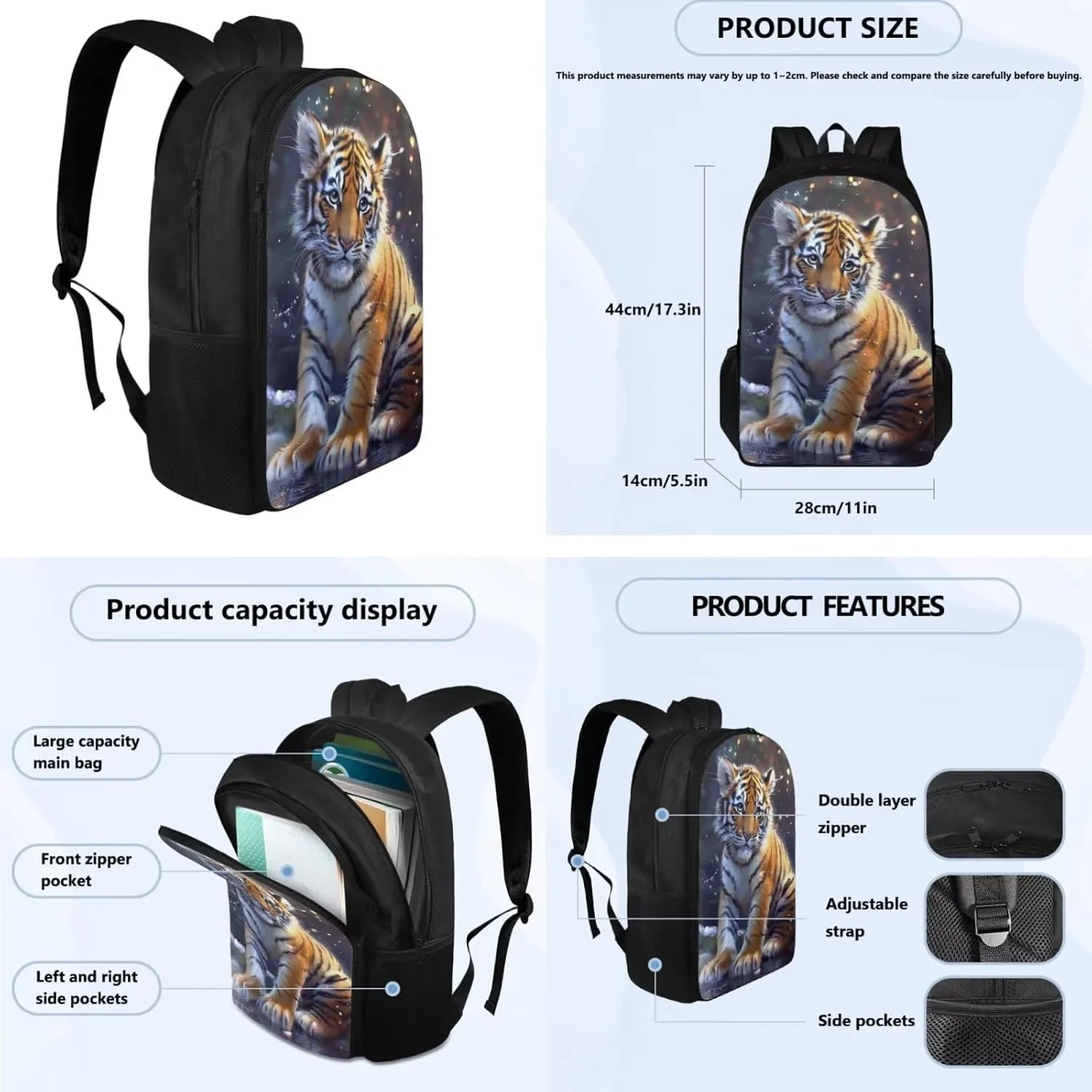 Tiger Backpack for Kids Girls Backpack with Lunch Box Water Bottle Holder and Soft Pencil Pouch 4PCS Set Sturdy Bookbag with Compartments 17" Large School Bag for Boys Back to School Supplies