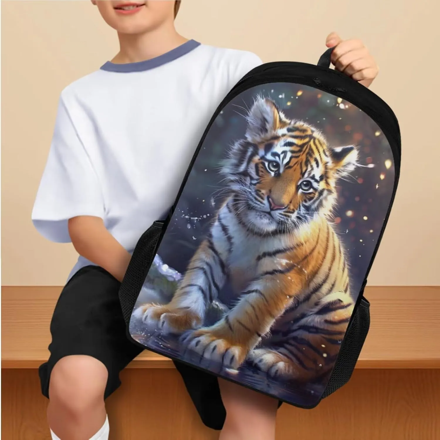 Tiger Backpack for Kids Girls Backpack with Lunch Box Water Bottle Holder and Soft Pencil Pouch 4PCS Set Sturdy Bookbag with Compartments 17" Large School Bag for Boys Back to School Supplies
