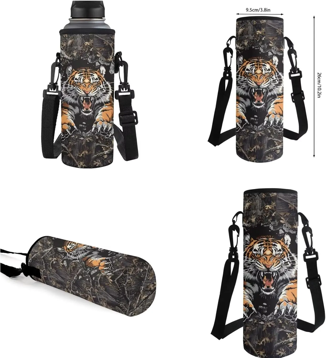 Tiger Camo Backpack for Boys Kids Backpack with Lunch Box Water Bottle Carrier with Strap and Pencil Case Pouch 4PCS Set Bookbag with Compartments for School 17 inch Large Capacity School Bag
