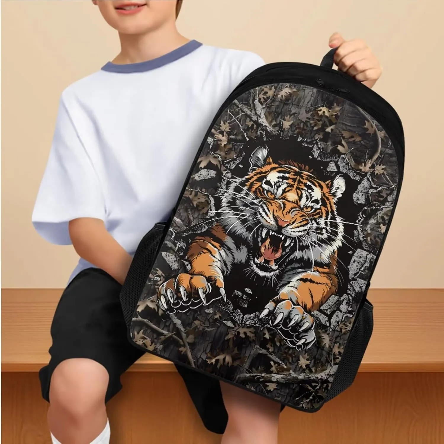 Tiger Camo Backpack for Boys Kids Backpack with Lunch Box Water Bottle Carrier with Strap and Pencil Case Pouch 4PCS Set Bookbag with Compartments for School 17 inch Large Capacity School Bag