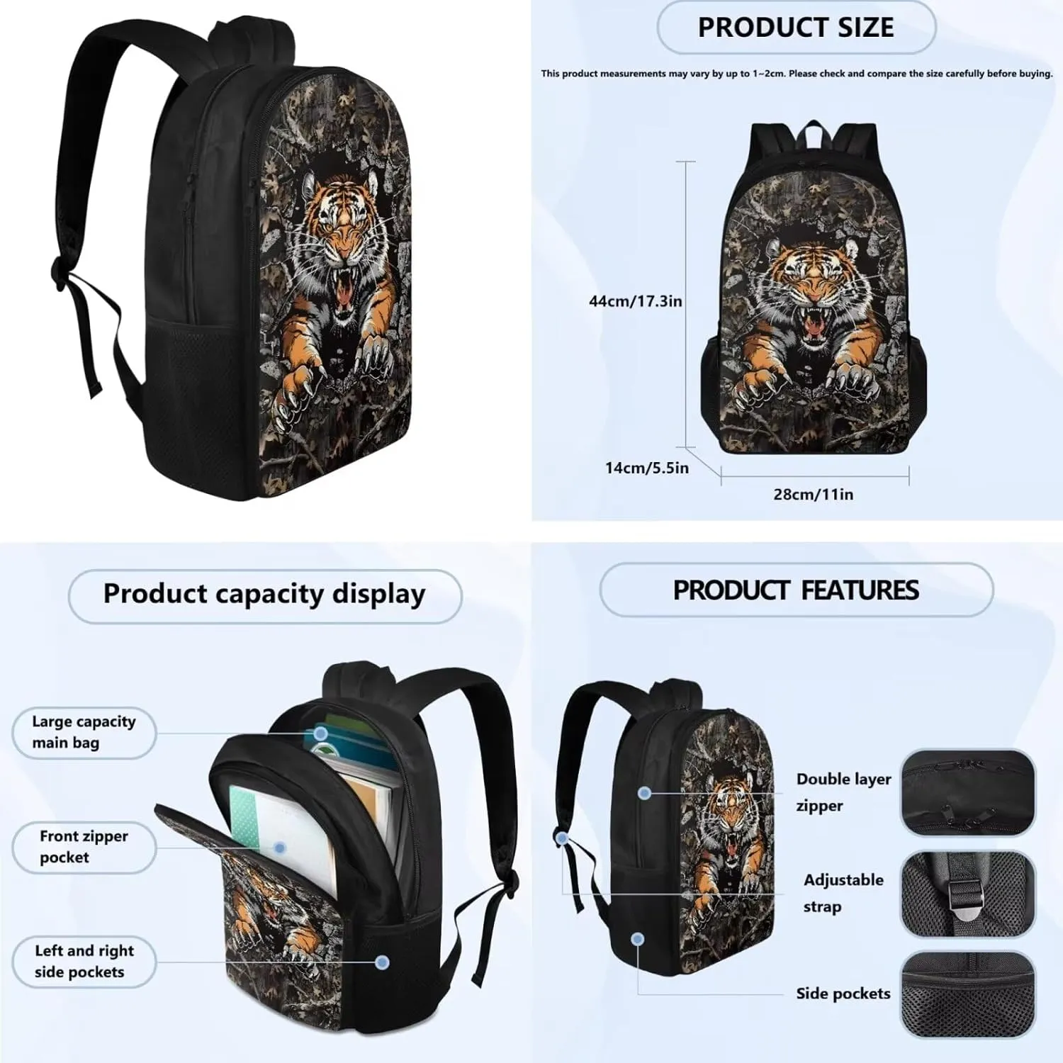 Tiger Camo Backpack for Boys Kids Backpack with Lunch Box Water Bottle Carrier with Strap and Pencil Case Pouch 4PCS Set Bookbag with Compartments for School 17 inch Large Capacity School Bag