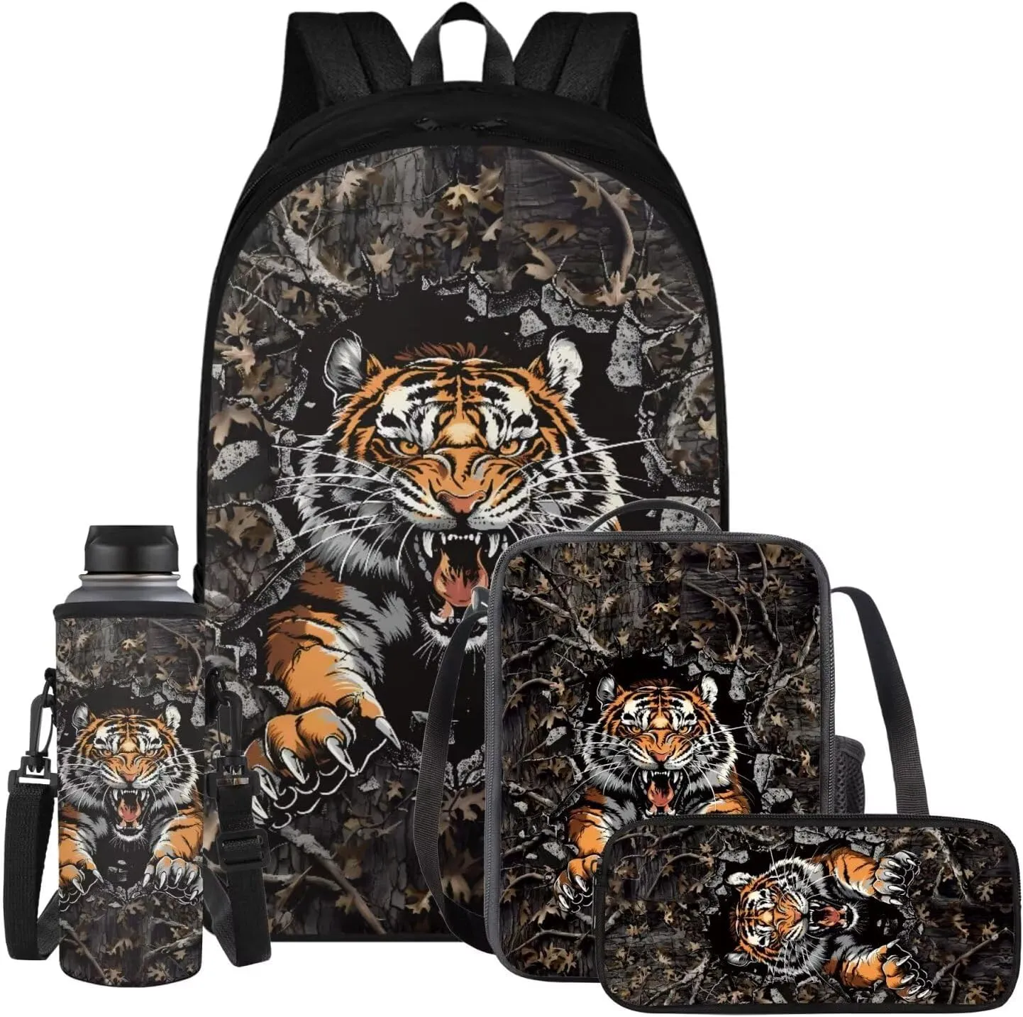 Tiger Camo Backpack for Boys Kids Backpack with Lunch Box Water Bottle Carrier with Strap and Pencil Case Pouch 4PCS Set Bookbag with Compartments for School 17 inch Large Capacity School Bag
