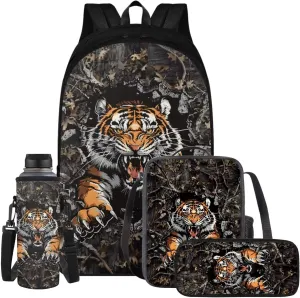 Tiger Camo Backpack for Boys Kids Backpack with Lunch Box Water Bottle Carrier with Strap and Pencil Case Pouch 4PCS Set Bookbag with Compartments for School 17 inch Large Capacity School Bag