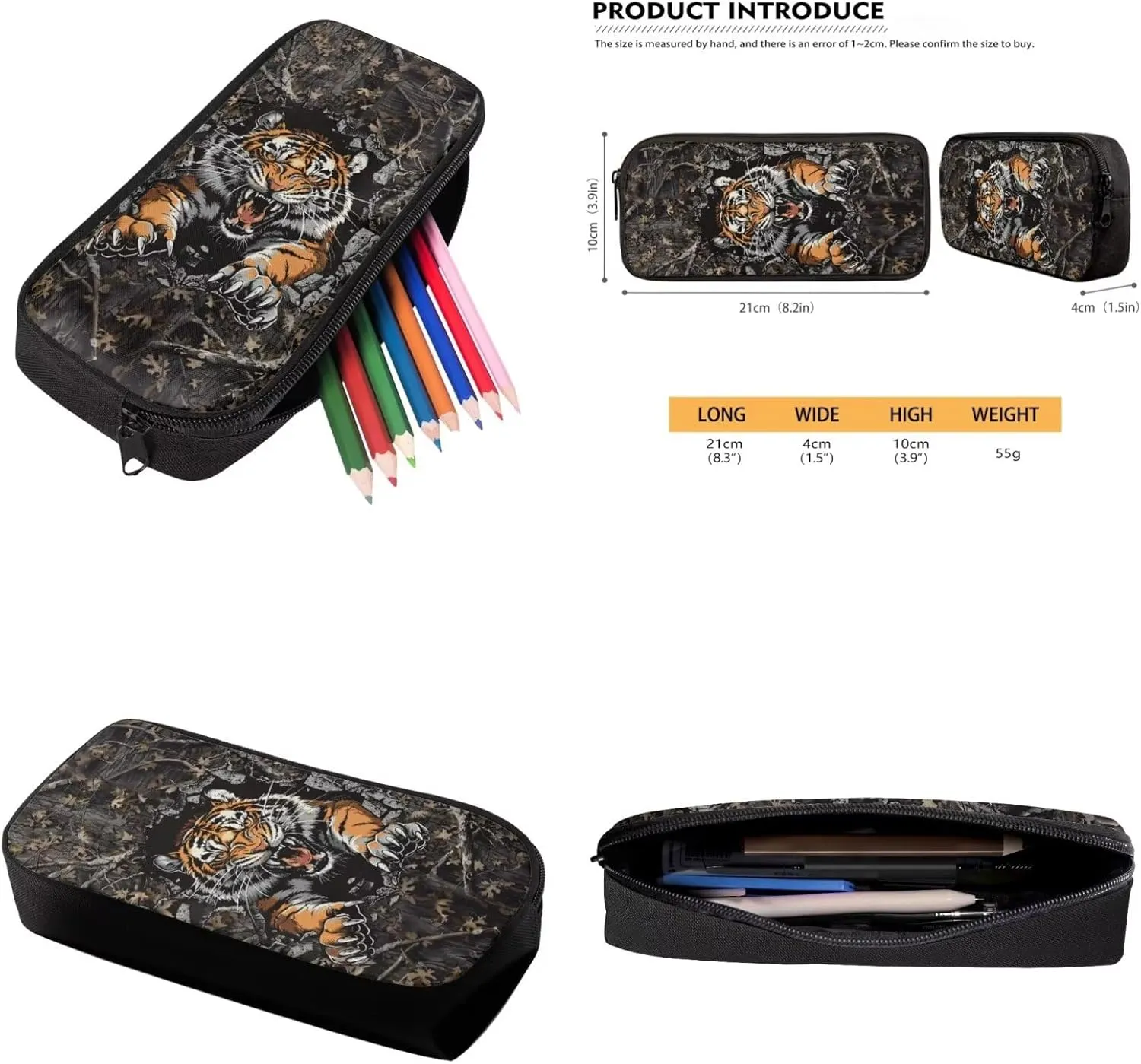 Tiger Camo Backpack for Boys Kids Backpack with Lunch Box Water Bottle Carrier with Strap and Pencil Case Pouch 4PCS Set Bookbag with Compartments for School 17 inch Large Capacity School Bag