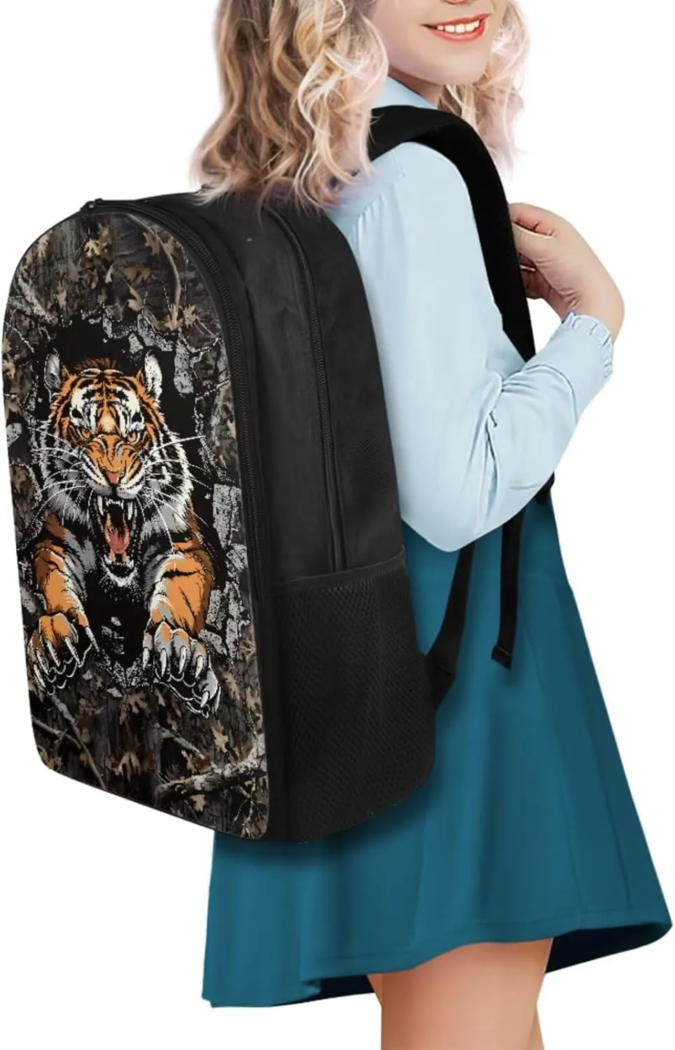 Tiger Camo Backpack for Boys Kids Backpack with Lunch Box Water Bottle Carrier with Strap and Pencil Case Pouch 4PCS Set Bookbag with Compartments for School 17 inch Large Capacity School Bag