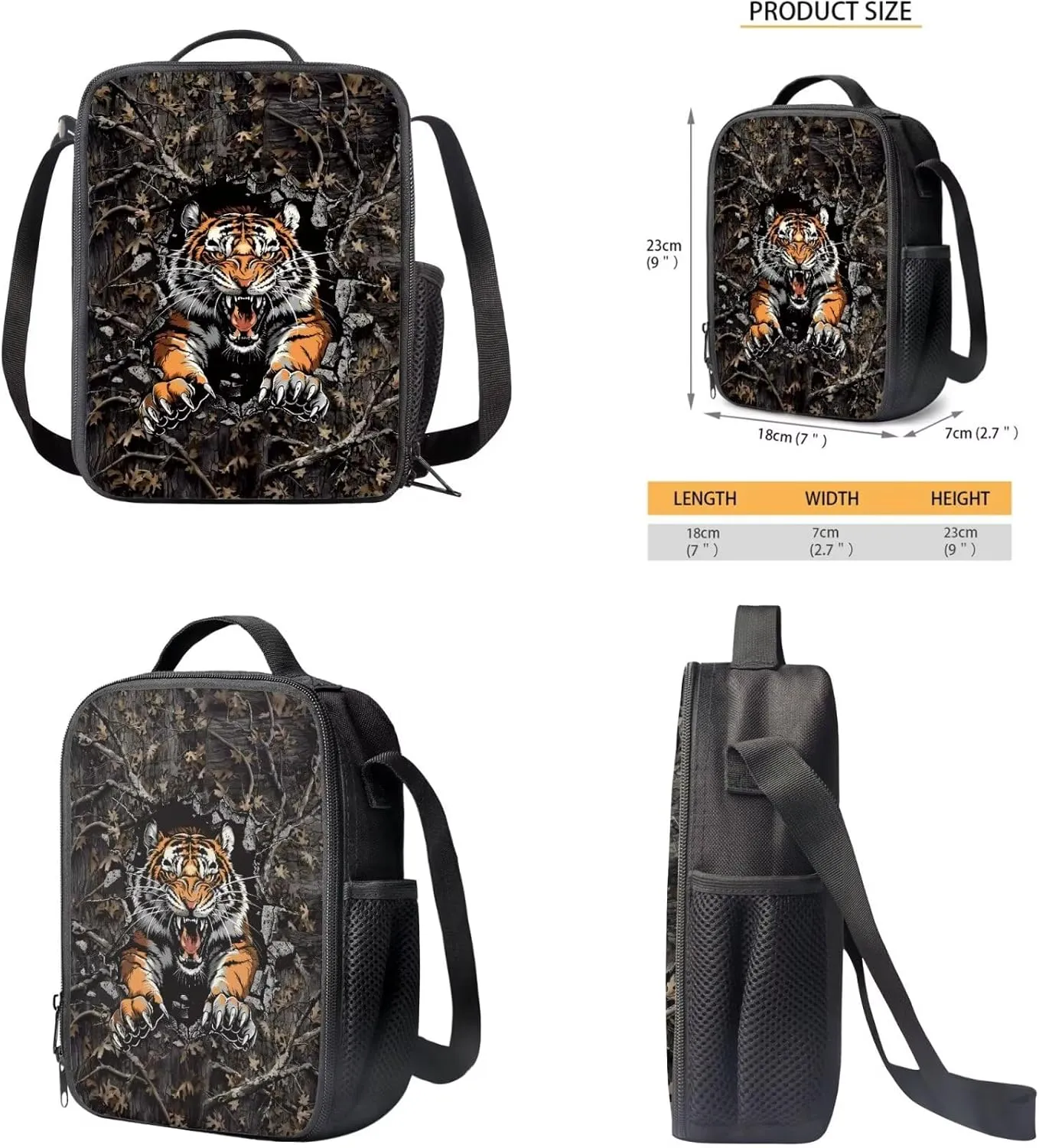 Tiger Camo Backpack for Boys Kids Backpack with Lunch Box Water Bottle Carrier with Strap and Pencil Case Pouch 4PCS Set Bookbag with Compartments for School 17 inch Large Capacity School Bag