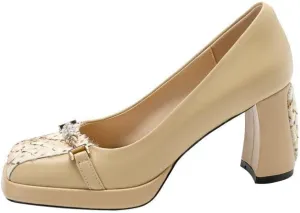 TinaCus Handmade Women's Patchwork Leather Square Toe Rhinestone Slip On High Block Heel Dress Pumps