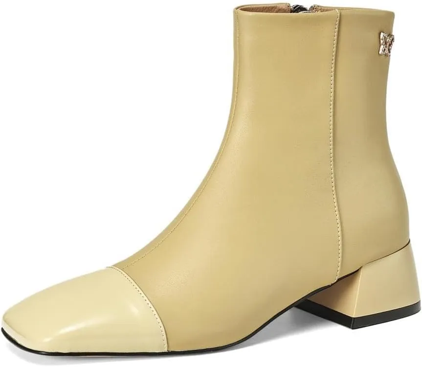 TinaCus Women's Handmade Genuine Leather Patchwork Butterfly Square Toe Side Zip Chunky Heel Ankle Boots
