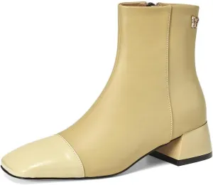 TinaCus Women's Handmade Genuine Leather Patchwork Butterfly Square Toe Side Zip Chunky Heel Ankle Boots