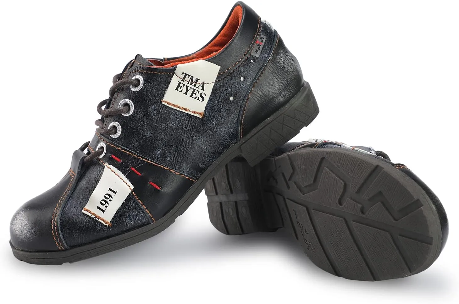 TMA EYES & MAiA Womens Handmade Stitching Shoes Leather Lace-up Low Heel Women Casual Shoes