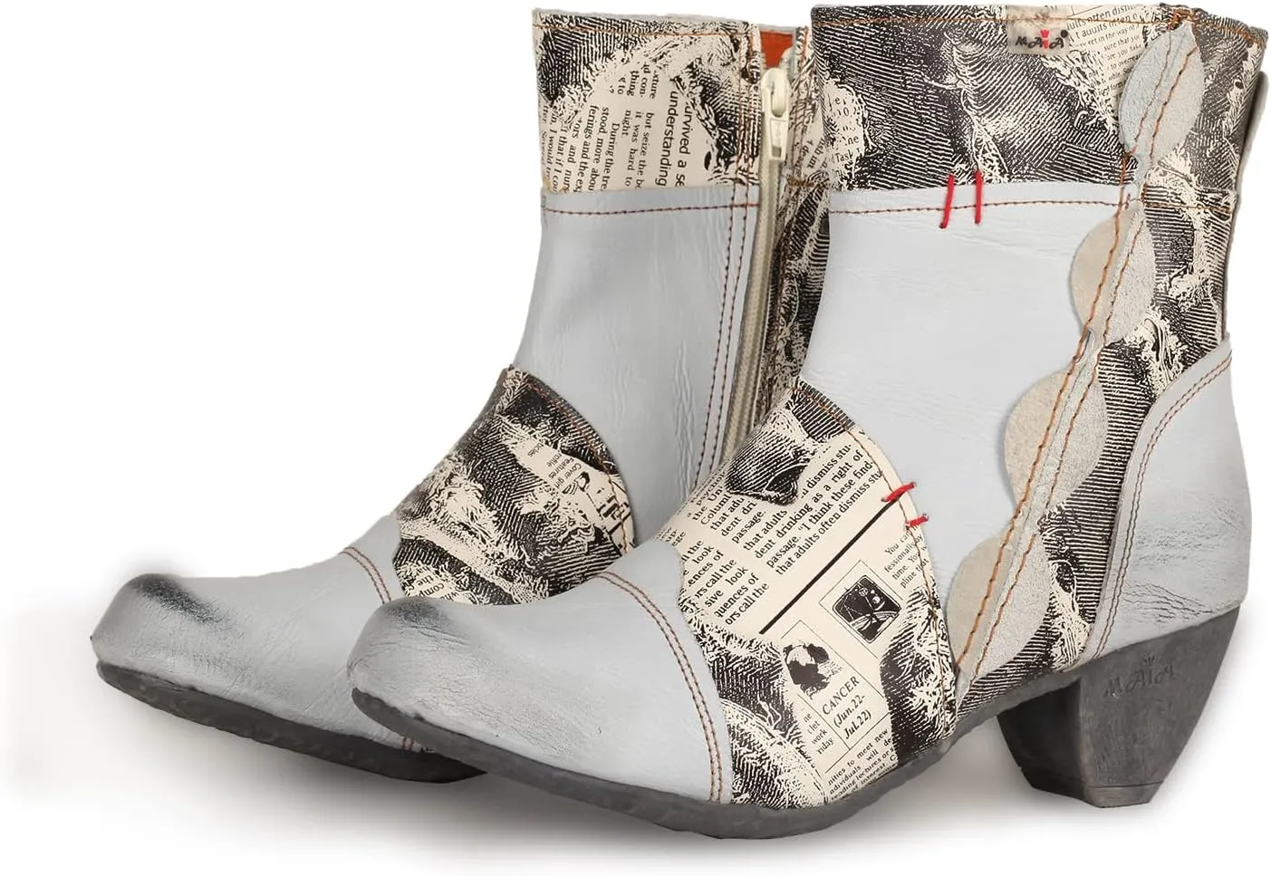 TMA EYES Newsprint Patchwork Leather Women's Heel Boots