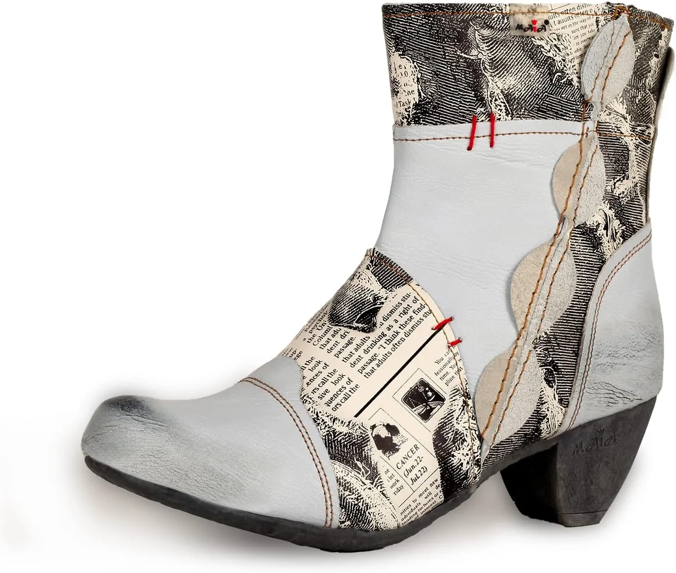 TMA EYES Newsprint Patchwork Leather Women's Heel Boots