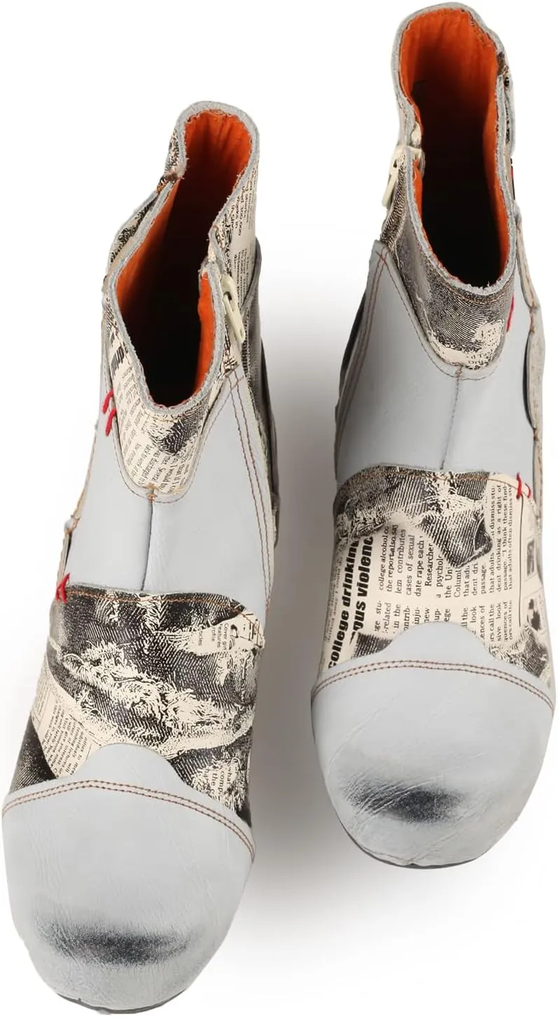 TMA EYES Newsprint Patchwork Leather Women's Heel Boots